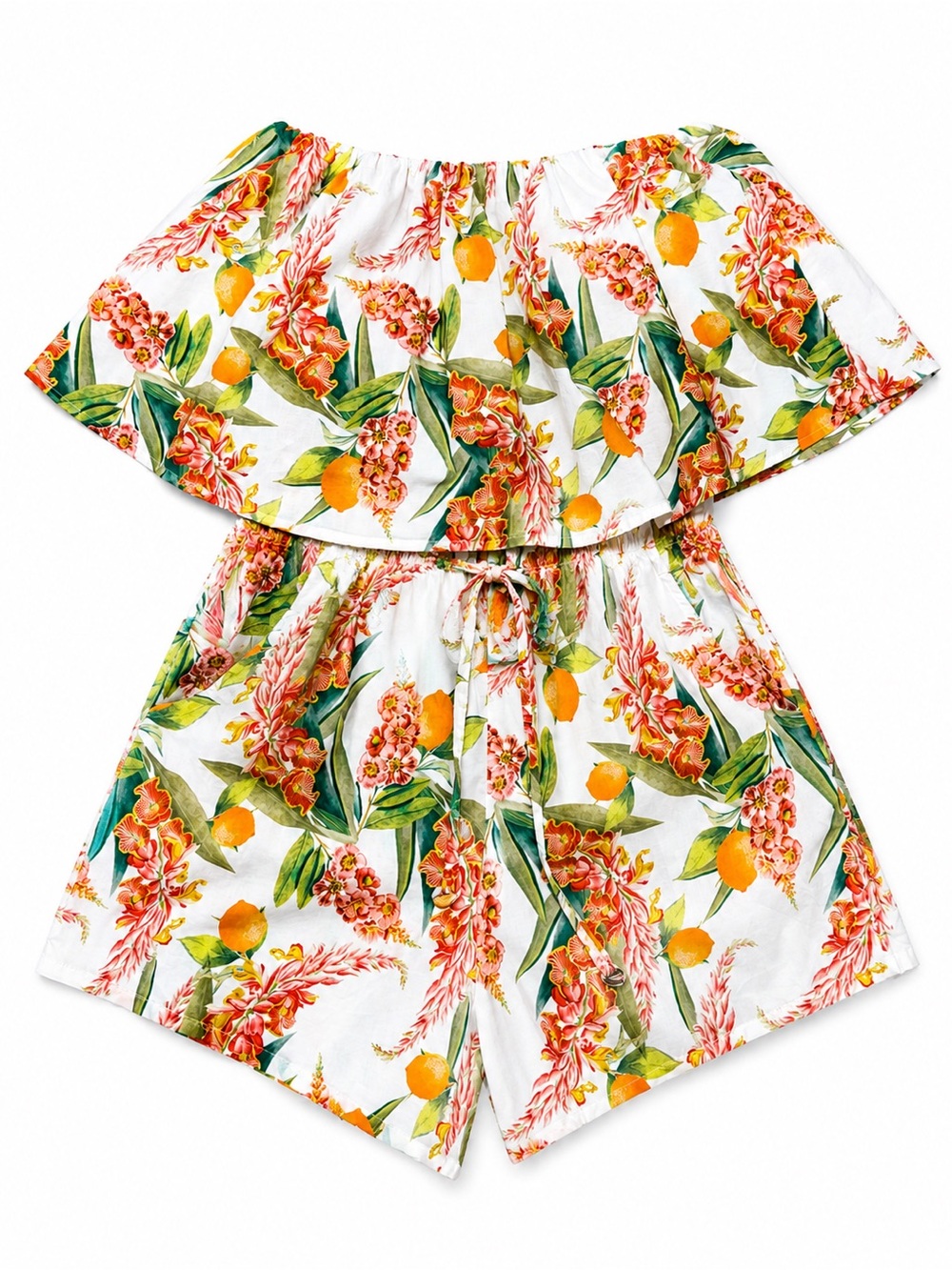 Shore Lemon Floral Off Shoulder Romper Ruffle Bodice 100% Cotton XS